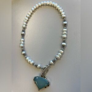 Vintage sterling Silver, blue chalcedony , and White Pearl Necklace, stamped 925
